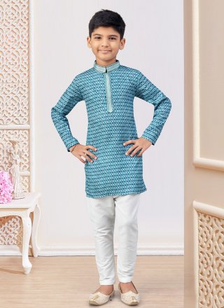 Jacquard Kurta Pyjama with Digital Print and Embroidered Work