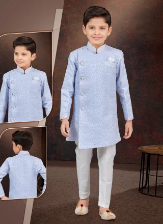 Jacquard Sherwani Kids Wear In Blue