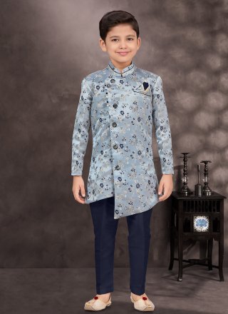 Jacquard Sherwani Kids Wear In Grey and Blue