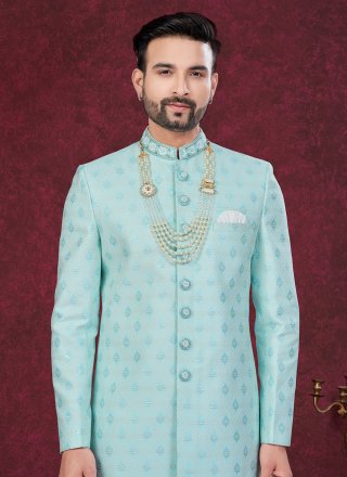 Jacquard Sherwani Mens Wear In Green