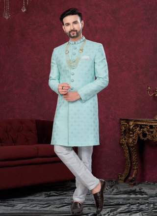 Jacquard Sherwani Mens Wear In Green