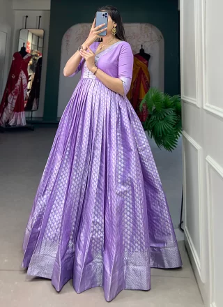Jacquard Silk  Designer Gown In Lavender