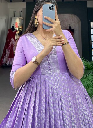 Jacquard Silk  Designer Gown In Lavender