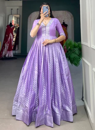 Jacquard Silk  Designer Gown In Lavender