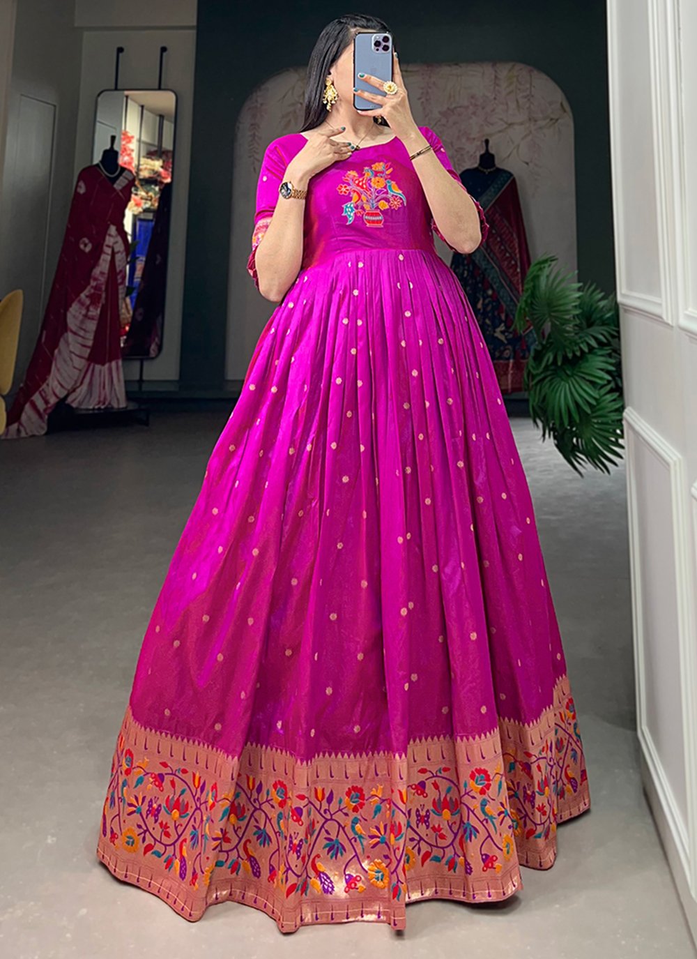 Jacquard Silk Gown In Purple Buy Online
