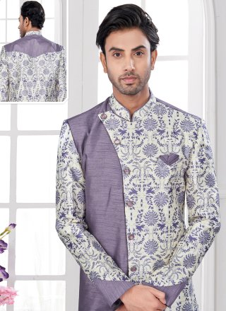 Jacquard Silk Indo Western In Cream and Purple