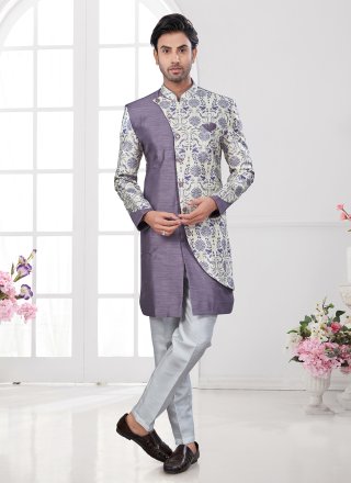 Jacquard Silk Indo Western In Cream and Purple