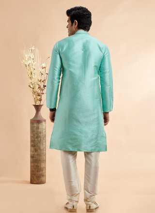 Jacquard Silk Kurta Pyjama In Firozi