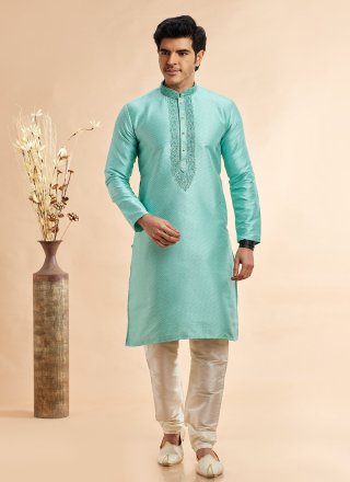 Jacquard Silk Kurta Pyjama In Firozi