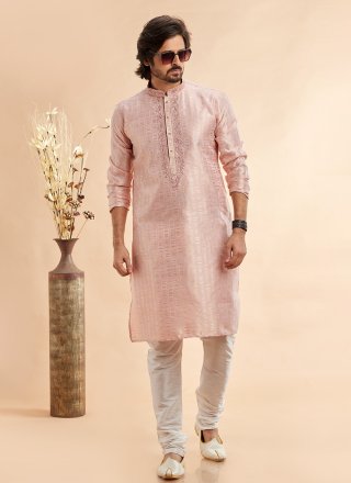 Jacquard Silk Kurta Pyjama In Peach