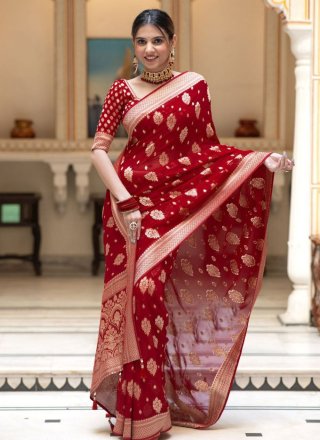 Jacquard Work Banarasi Silk Classic Sari In Red