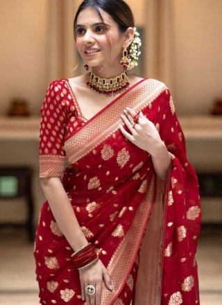 Jacquard Work Banarasi Silk Classic Sari In Red