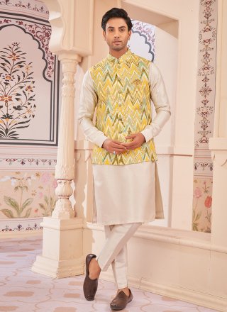 Jacquard Work Brocade Kurta Payjama with Jacket In Multi Colour and Yellow