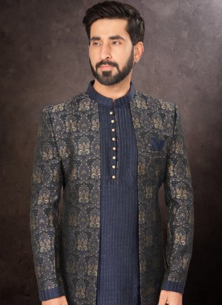 Jacquard Work Jacquard Indo Western In Blue for Festival