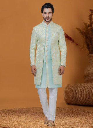 Jacquard Work Jacquard Silk Indo Western In Aqua Blue