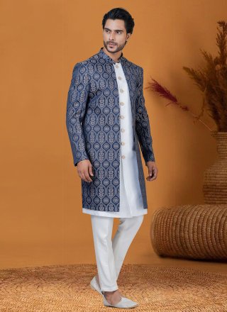 Jacquard Work Jacquard Silk Indo Western In Blue for Ceremonial