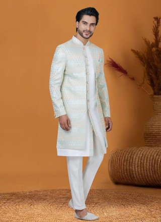 Jacquard Work Jacquard Silk Indo Western In Off White