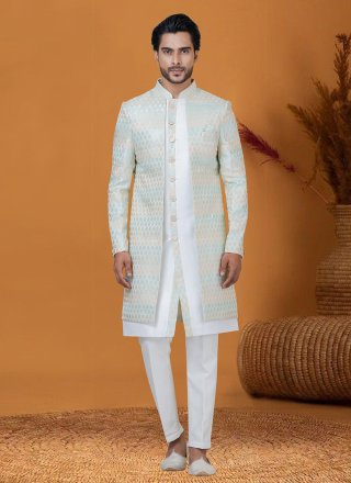 Jacquard Work Jacquard Silk Indo Western In Off White