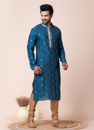 Jacquard Work Jacquard Silk Kurta Pyjama In Blue