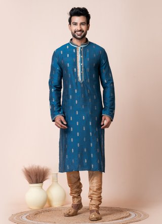 Jacquard Work Jacquard Silk Kurta Pyjama In Blue