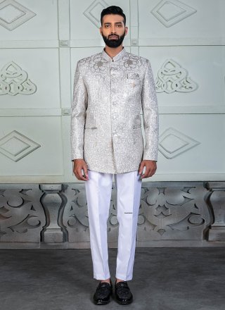 Jacquard Work Rayon Jodhpuri Suit In Cream