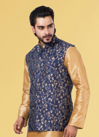 Jacquard Work Silk Nehru Jackets In Blue
