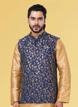 Jacquard Work Silk Nehru Jackets In Blue