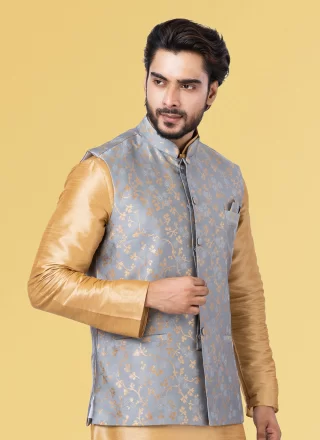 Jacquard Work Silk Nehru Jackets In Grey