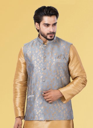 Jacquard Work Silk Nehru Jackets In Grey