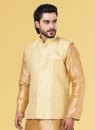 Jacquard Work Silk Nehru Jackets In Yellow