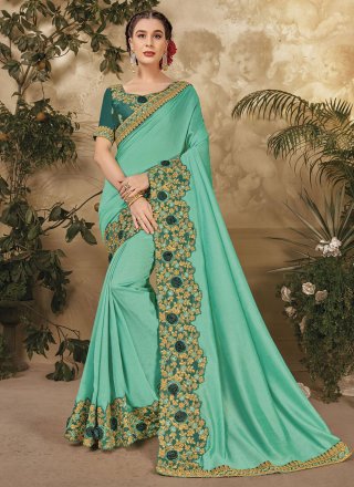 Shop Lace Embroidered Soft Silk Sea Green Saree|SARV134607