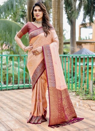 Designer semi chiffon saree peach with beaded embroidery and mirror wo –  Cherrypick