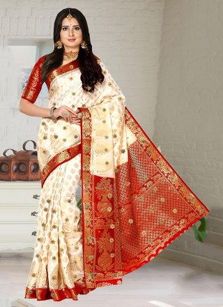 Kanjivaram Silk Designer Sari In White