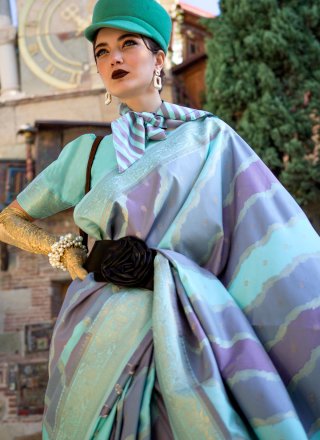 Katan Silk Contemporary Sari In Aqua Blue