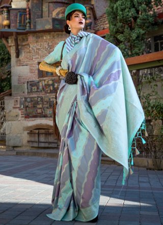 Katan Silk Contemporary Sari In Aqua Blue