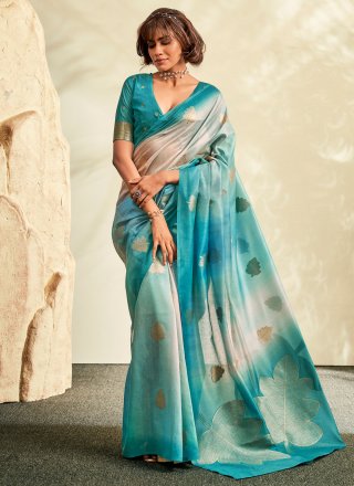 Buy Turquoise Blue Banarasi Silk Saree With Blouse Piece online-Karagiri