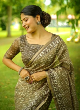 Khaki Cotton Trendy Saree with Woven Work for Casual