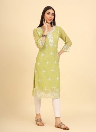 Khaki Georgette Casual Kurti with Chikankari, Embroidered and Lucknowi Work Work for Women