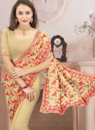Khaki Georgette Trendy Saree with Embroidered, Kashmiri and Resham Work for Women