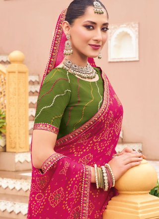 Lace and Print Work Georgette Classic Sari In Rani for Casual