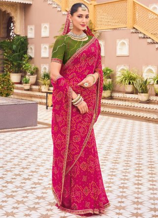 Lace and Print Work Georgette Classic Sari In Rani for Casual