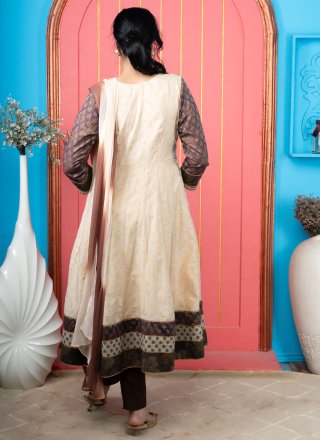 Lace and Print Work Handloom Silk Pant Style Suit In Cream for Ceremonial