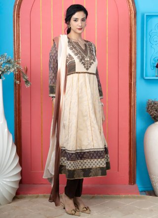 Lace and Print Work Handloom Silk Pant Style Suit In Cream for Ceremonial