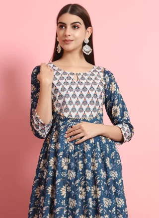 Lace and Print Work Rayon Salwar Suit In Blue