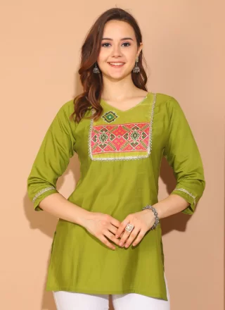 Lace and Print Work Silk Party Wear Kurti In Green for Casual