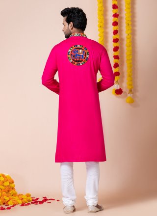 Lace, Machine Embroidery and Patch Border Work Rayon Kurta Pyjama In Pink