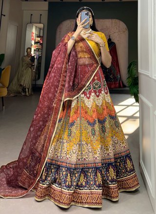 Lace, Print and Sequins Work Silk A - Line Lehenga Choli In Multi Colour