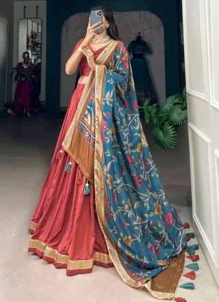 Lace Work Chinon Lehenga Choli In Maroon and Rust