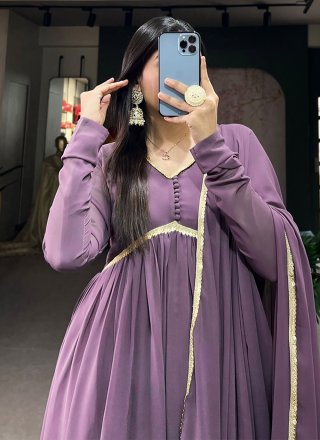 Lace Work Georgette  Designer Gown In Purple