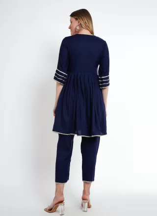 Lace Work Rayon Pant Style Suit In Blue for Casual